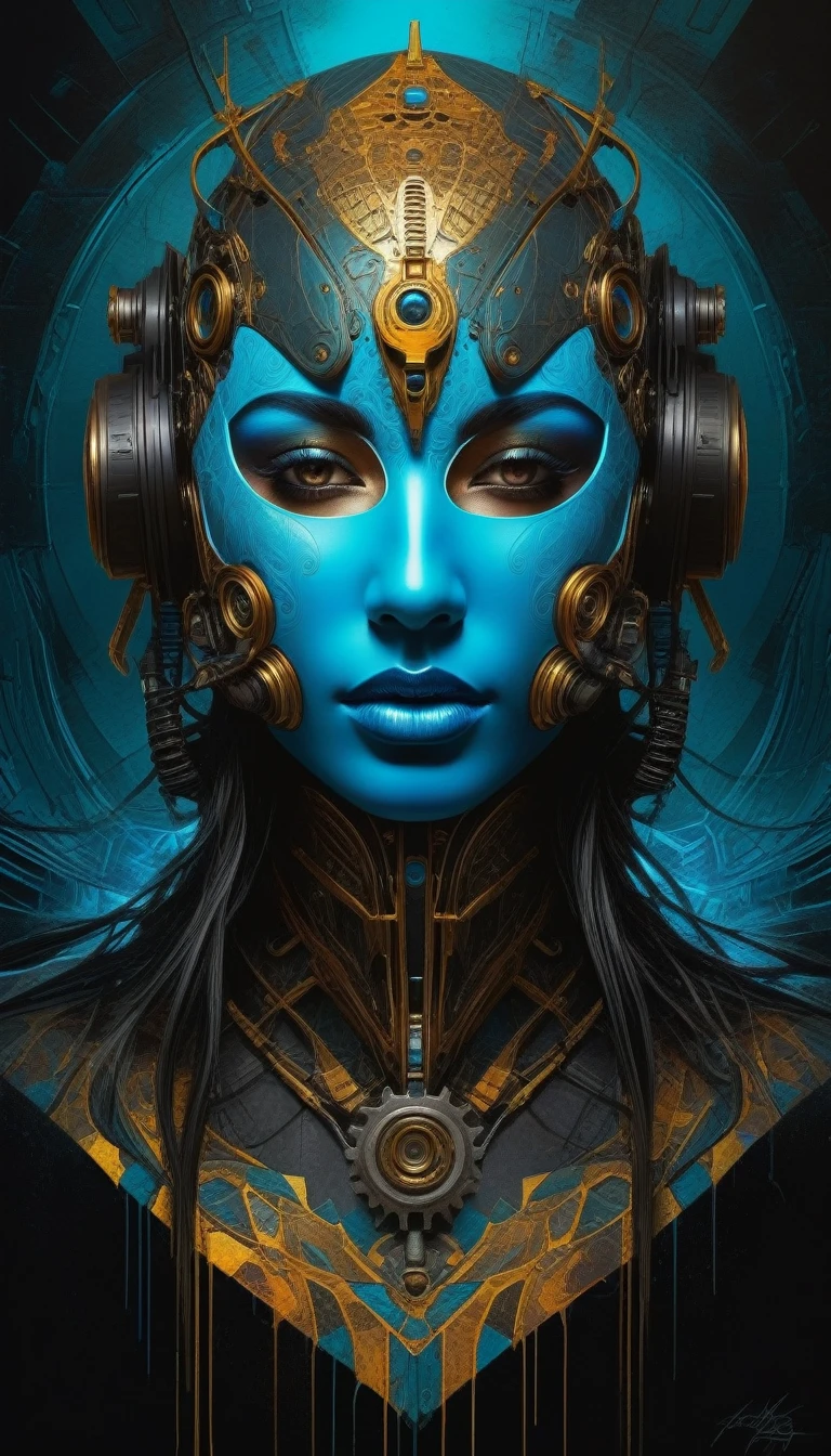 Artwork, hyper realistic-surreal and fantastic composition, perfect and dynamic digital painting, Abstract geometric shapes transform in the hallucinatory style of Karel K709, each face transitioning into a faceless mask with a stroke reminiscent of Beksinski's Prime art, neon ambiance highlighting the abstract black oil textures, gear mecha elements intertwined, acrylic with a grunge touch, all laid out with intricate complexity, rendered in Unreal Engine for a photorealistic effect., style Jose Royo, by Boris Vallejo, by Julie Bell, by Carne Griffiths, by Wadim Kashin, by Brian Froud and Jeremy Mann, epic set, black light show, deep colors, sharp focus, ultra detailed, in the style of Dan Mumford and Marc Simonetti
