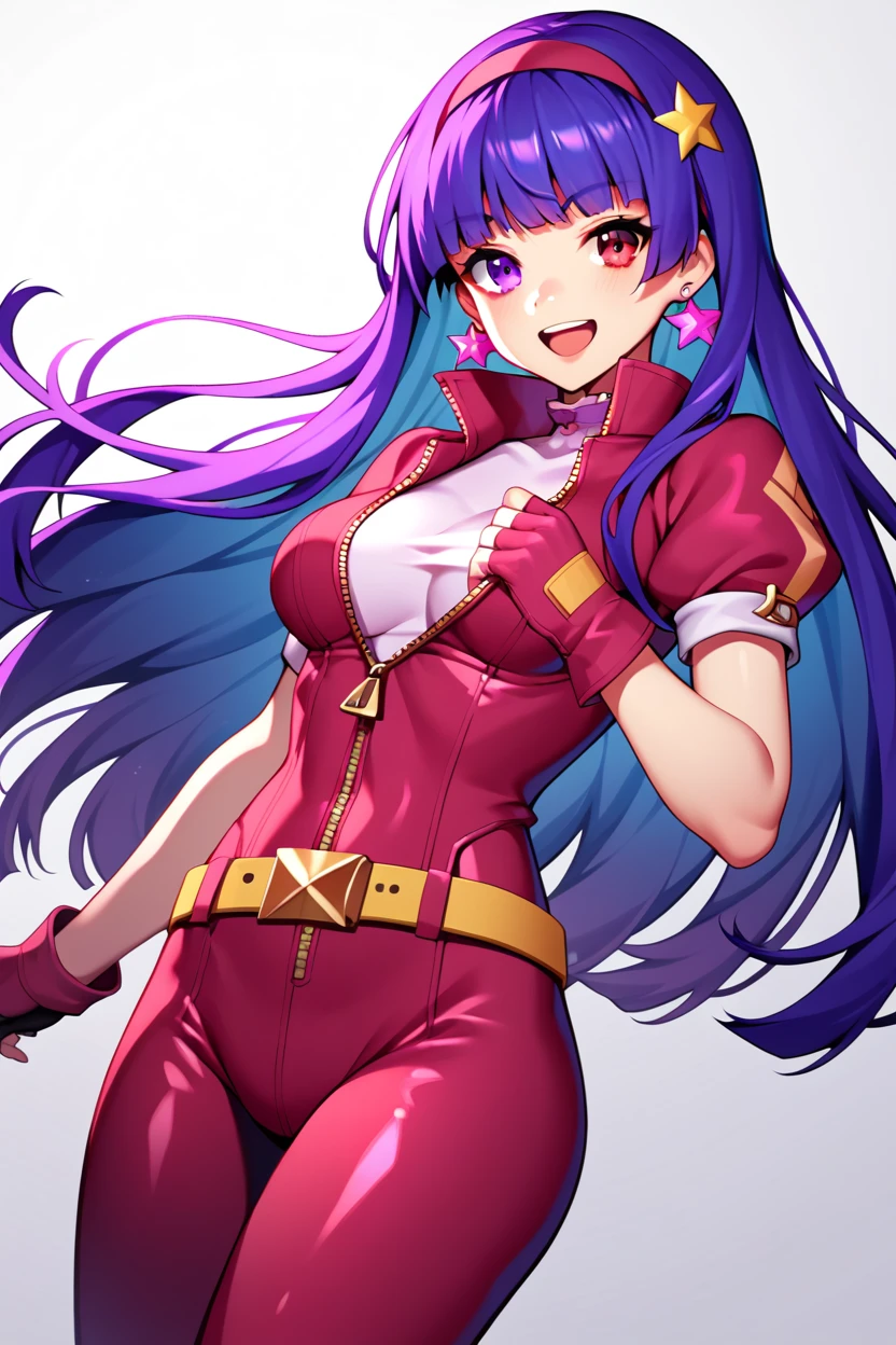 , score_8_up, score_7_up,score_6_up, score_5_up, score_4_up , 1girl, solo, ((Split hair)), ((blue hair)), ((purple hair)). heterochromia, red eyes and purple eyes, kula, blue hair, red eyes, bodysuit, gloves, zipper, asamiya athena, purple eyes, purple hair, long hair, white earrings, red hairband, star hair ornament, medium breats, red vest, white turtleneck, white puffy sleeves, short sleeves, red pleated skirt, (deep red pantyhose:1.2), black pantyhose, yellow belt, purple sphere shape necklace, red fingerless gloves, happy, cowboy shot, simple background