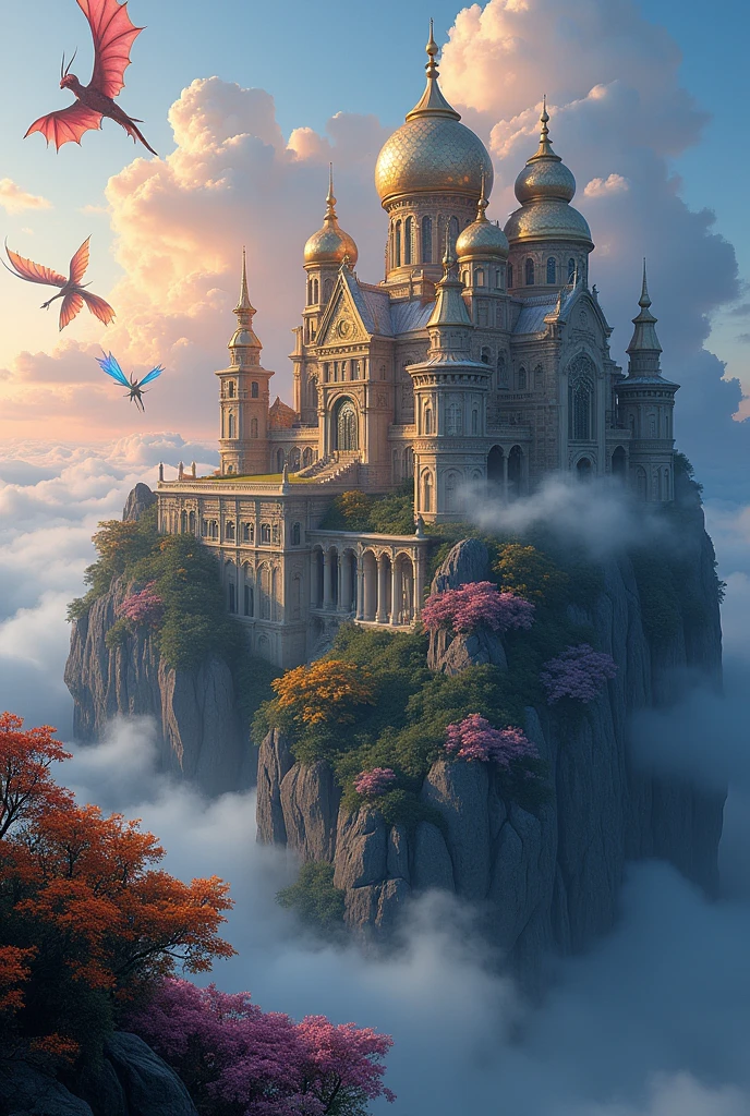 a very large palace that is luxurious and beautiful is located on top of a mountain,flying fairies and flying dragons 