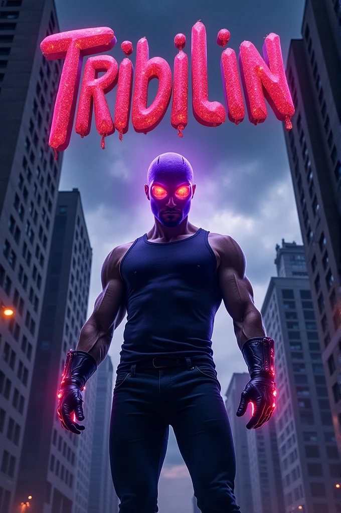 Make a movie poster (like Ben Affleck&#39;s Daredevil) of a man with pants and a sleeveless shirt with a purple mask and red crystals around his eyes to cover them and the title is in the shape of a balloon and says Tribilin