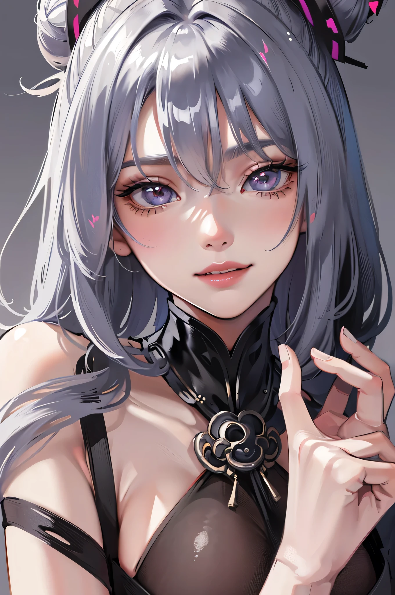(masterpiece: 1.2), (best quality: 1.2) 1 woman, mature, tall (1.85), appeared to be around 28 years old, had silver (light) hair, straight and shiny hair, tied up in samurai bun, bangs, silver eyes like the purest silver, extremely detailed eyes, perfect eyes, extremely realistic eyes, well-lined eyes, long eyelashes, anime style, perfect face, milf face, sculpted chin, ultra feminine chin, lips fleshy, smiling, mature, fair skin, natural body, sexy body, milf body, both hands on her waist, perfect hands, detailed hands, hands well proportioned to the body, realistic hands, arms with good anatomy, huge , extremely large and enormous breasts that hung down due to her size,