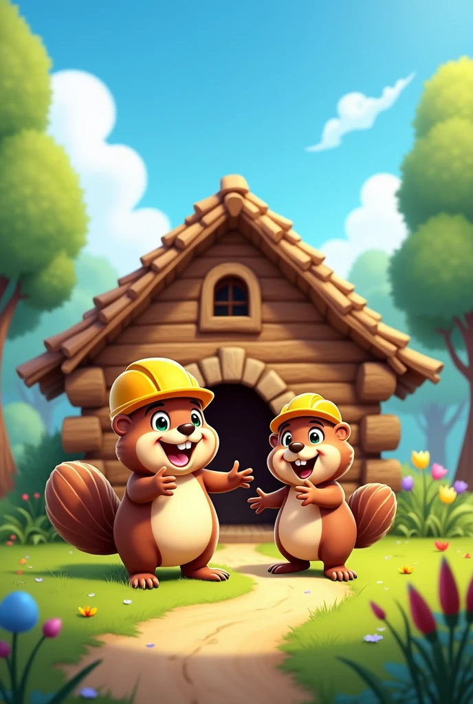 Make me a happy pair of beavers see their new finished house ,with cartoon drawing