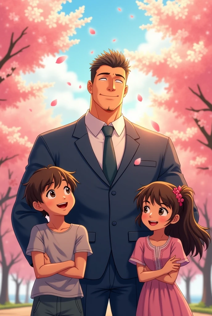 anime style drawing of a strong man in a suit with his realistic family