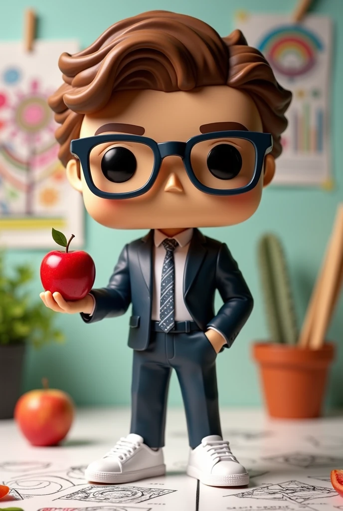generate an image of an attractive young man, with white tennis shoes and a semi-formal suit, curly hair and square glasses, Funko pop type in a right hand a laptop and in the left hand an apple making the fusion between the careers graphic design and nutrition  