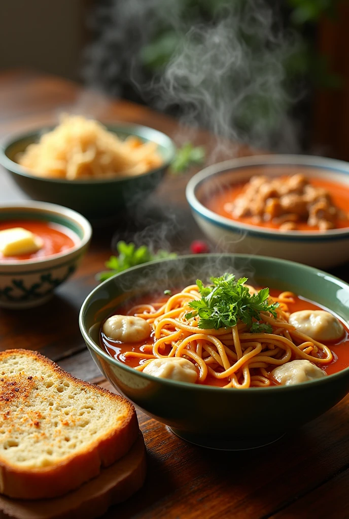 (photorealism:1.2), table background,wan tan mee, curry mee, toast bread with butter