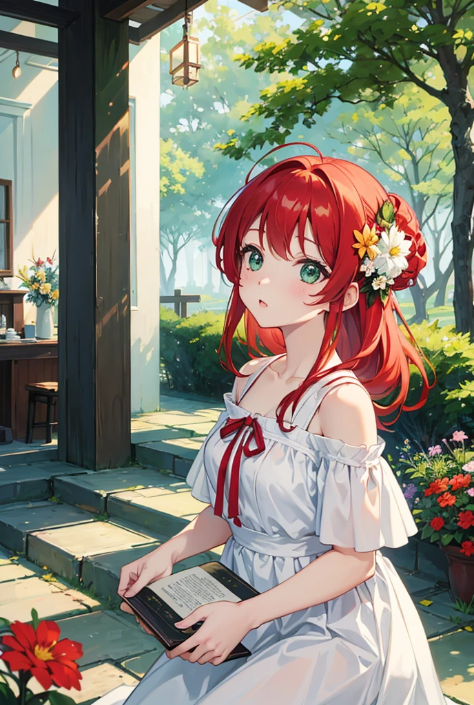 (masterpiece、Highest quality)、1 person、solo、flower、Green Eyes、Big Eyes、Red hairのツインテール、It is tied high on the head、Long Hair、Straight Hair、Black Ribbon、Outdoor、White off-shoulder dress、noon、null、look up、Short sleeve、Thick lips、plump lips、White dress、Bookを読んでいる、cloud、Sun light、Upper Body、南国のflower、Blur、青null、Midsummer、Book、Red hair、Depth of written boundary