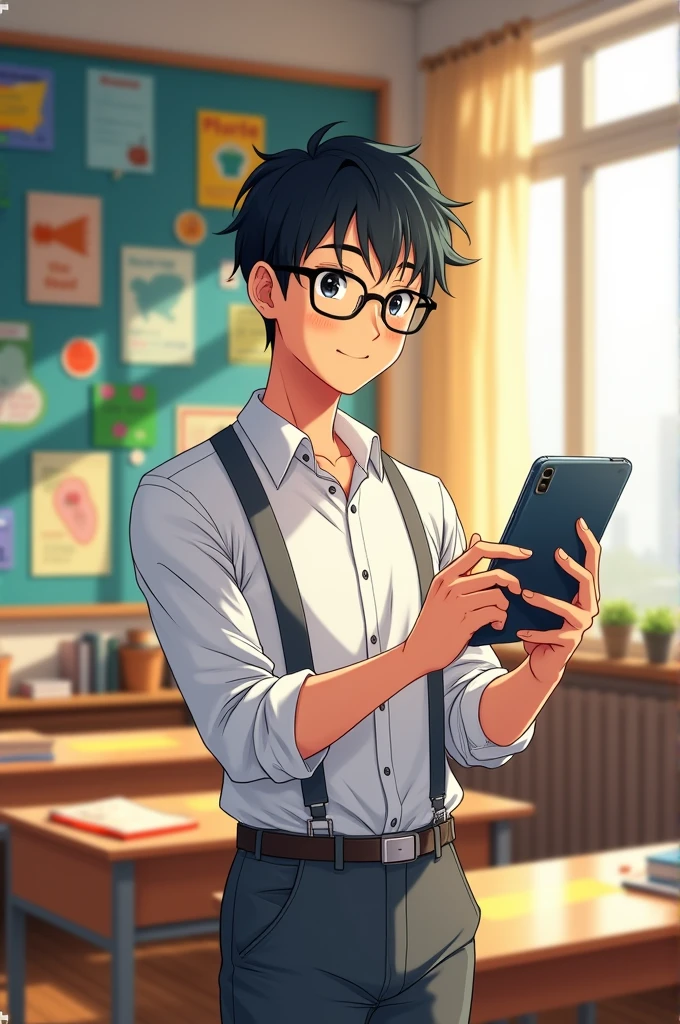 Black haired male teacher wearing glasses holding an iPad, anime image