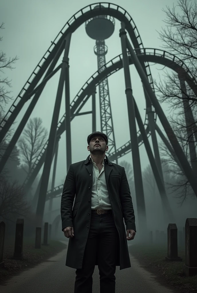 Black and white horror roller coaster, and a man looking at her