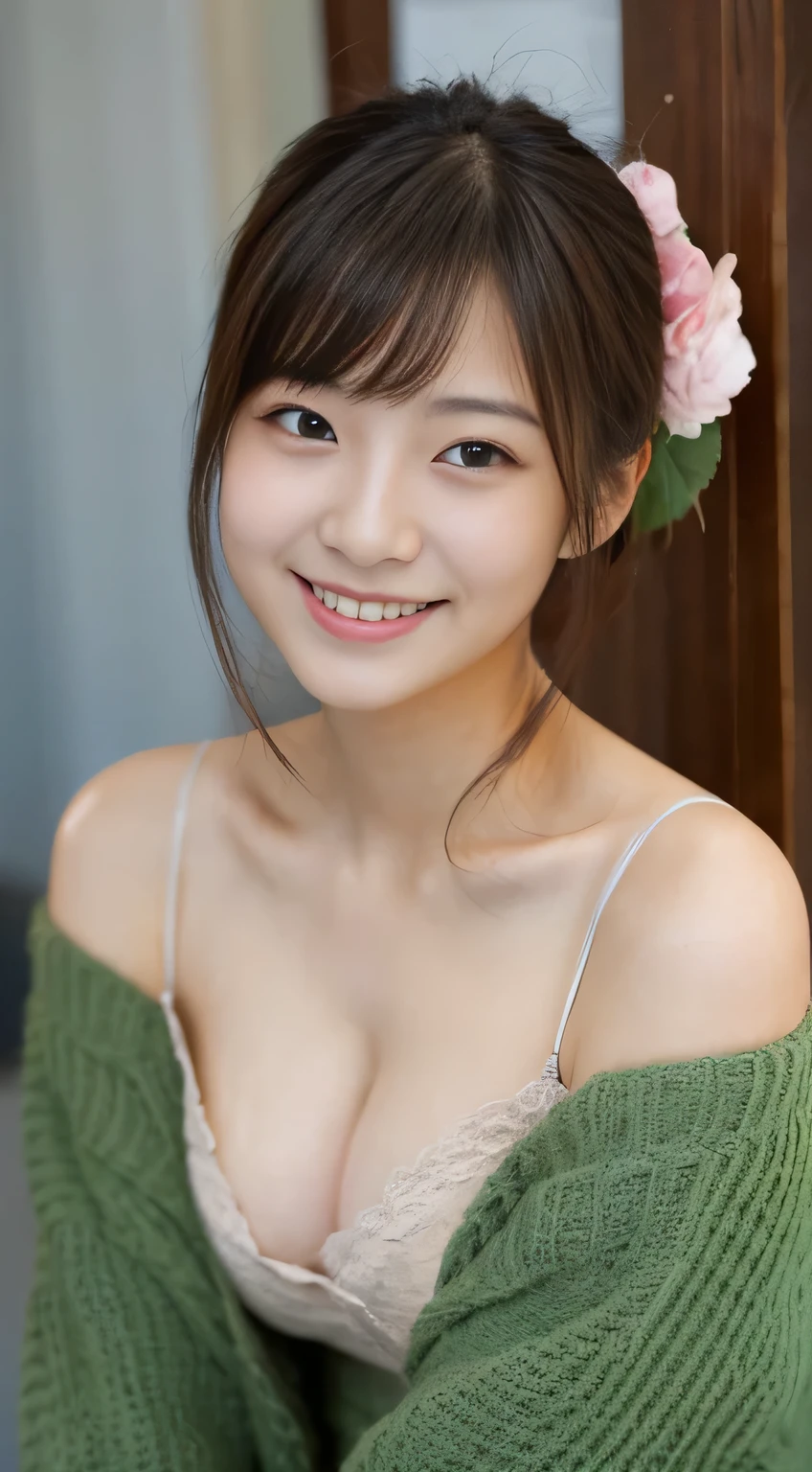 masterpiece,best quality,(Japanese girl),((Beautiful girl)),cleavage,(off shoulder:1.2),(perfect body beauty:1.2),(shy smile),From slightly above