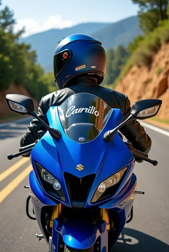 Blue suzuki gixxer naked motorcycle with the name carrillo on a jacket