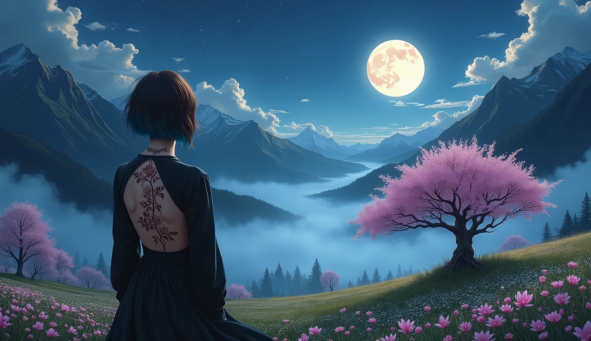 styled like a painting, lower lighting. Mountains ranges on either side of a vibrant meadow , a full moon is in the black night sky above the right side mountains, a single large cherry blossom tree sways in the middle distance. a goth Caucasian woman is in the middle distance facing the the mist rolling up the valley. her short brunette hair is cut in an asymmetric fade with blue tips. in a skirt and her shirt revealing her whole back. an elegant brown vine with pink blossoms tattooed on her back from her waist up her spine over her right shoulder.