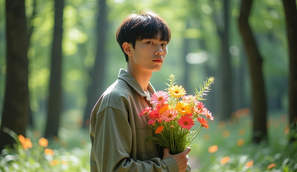 A Japanese male college student with short hair wearing fashionable clothes is holding a bouquet of flowers and looking into the distance,Excited, Photo of your face, In the woods, with a natural look, With a slightly tired look, tilt your face a little, Diagonal orientation, Average face