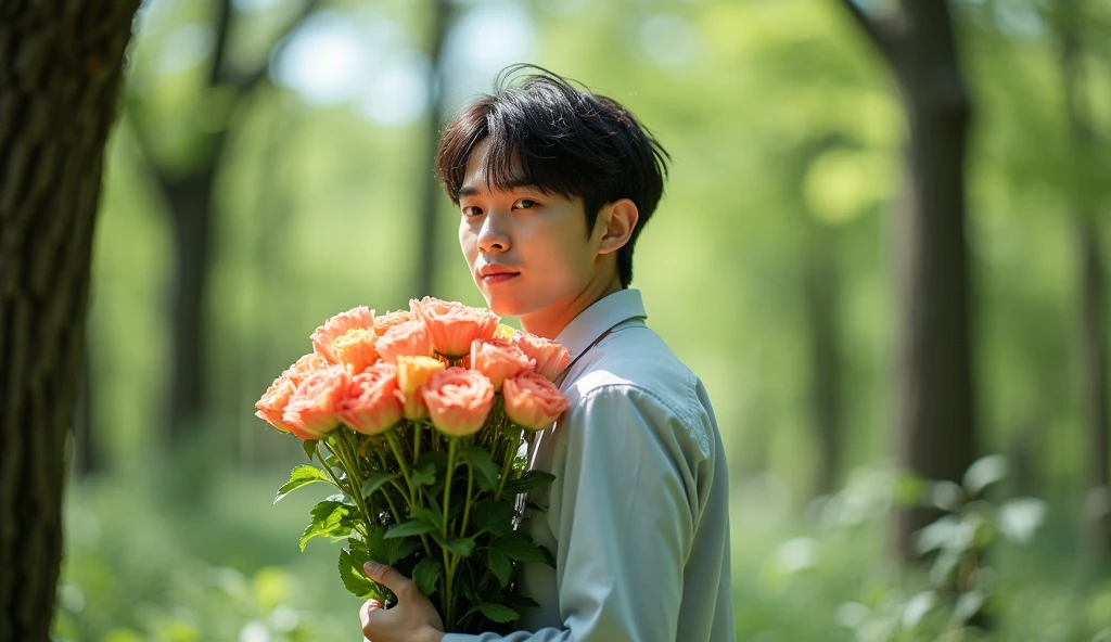 A Japanese male college student with short hair wearing fashionable clothes is holding a bouquet of flowers and looking into the distance,Excited, Photo of your face, In the woods, with a natural look, With a slightly tired look, tilt your face a little, Diagonal orientation, Average face
