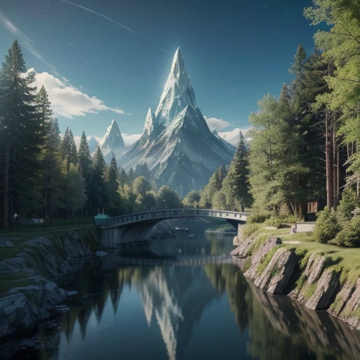 Create breathtaking, ultra-realistic images, Create surreal images of futuristic landscapes, Set for daytime. The scene is、In the vastness, A wide sunlit horizon. Including towering, Crystal structure glowing in the bright sun, Reflects and refracts light in fascinating ways. These buildings are surrounded by greenery, Luminescent plants, Glows softly even in the daytime, Create a surreal, otherworldly atmosphere.

The sky is bright blue、There should be a few scattered clouds., Several bright moons and distant planets visible. Adding floating platforms or islands, Connected by elegance, Futuristic bridge. Incorporate a gentle river meandering through the landscape, The water surface sparkles in the sunlight..

In the foreground, Place some alien wildlife shapes, Like elegant, Do luminous creatures graze near rivers?、Hovering near a crystal structure. In the background、A distant mountain with a peak that pierces the sky々must contain, and、A gentle mist that adds depth and mystery to your scene. The overall atmosphere should be peaceful and awe-inspiring, Highlighting the blend of natural beauty with advanced alien technology