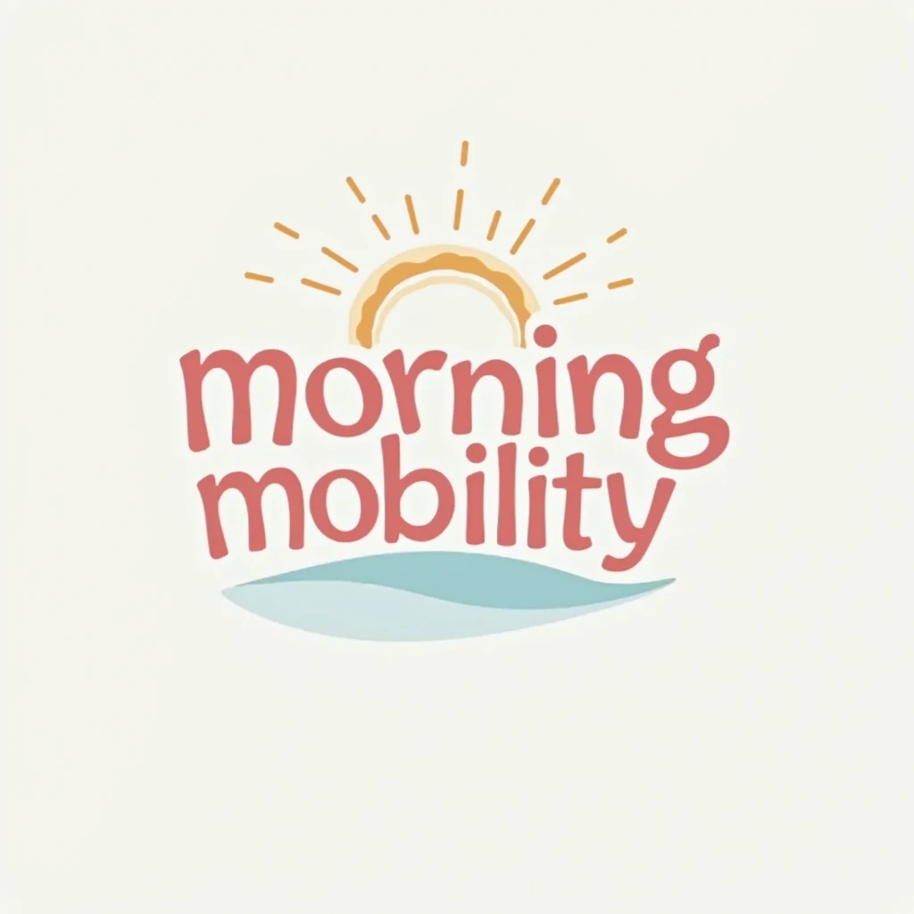 Logo primarily using typography, the words "Morning" and "Mobility" intertwined or visually connected. "Morning" could be letters forming a rising sun shape, "Mobility" with fluid, elongated letterforms. Color palette: Soft pastels (pinks, light blues) for a calming yet optimistic feel.
