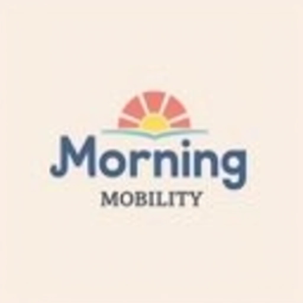 Logo primarily using typography, the words "Morning" and "Mobility" intertwined or visually connected. "Morning" could be letters forming a rising sun shape, "Mobility" with fluid, elongated letterforms. Color palette: Soft pastels (pinks, light blues) for a calming yet optimistic feel.