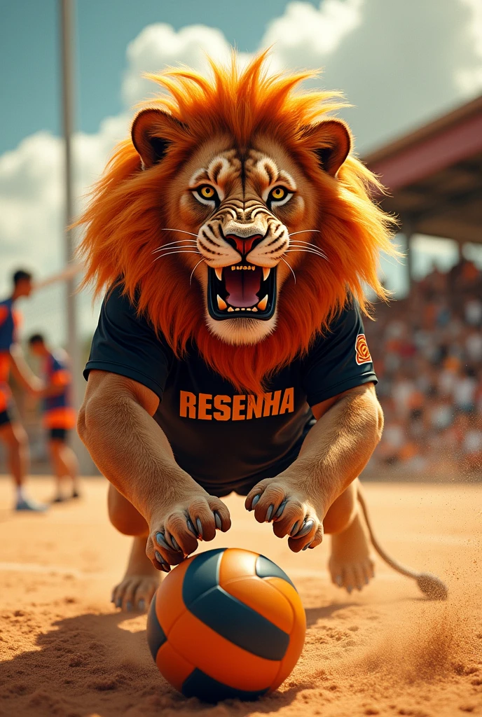Black and orange Resenha shirt, with team name on chest, With the Lion of Judah printed on the shirt attacking a volleyball.