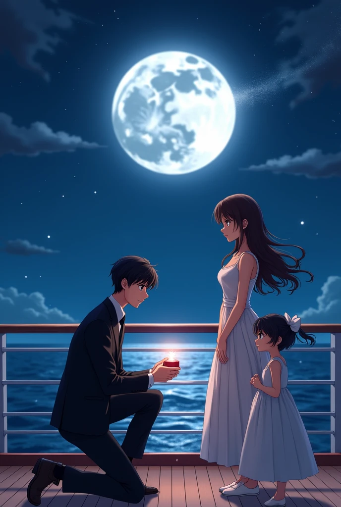 An anime man with black hair and dark maroon Eyes and he is wearing a suit and he is proposing to an anime woman with long middle brunette hair and dark brown eyes and they are standing with their daughter who has black hair and dark brown eyes and she is wearing a fancy dress and the man is holding a small box with a ring in it and it is night time and they are standing in a ship and the man is on his knees 