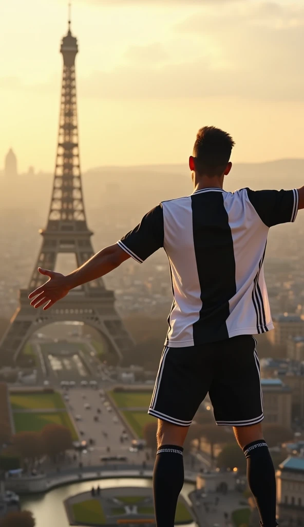 A man wearing a Juventus shirt on top of the Eiffel Tower