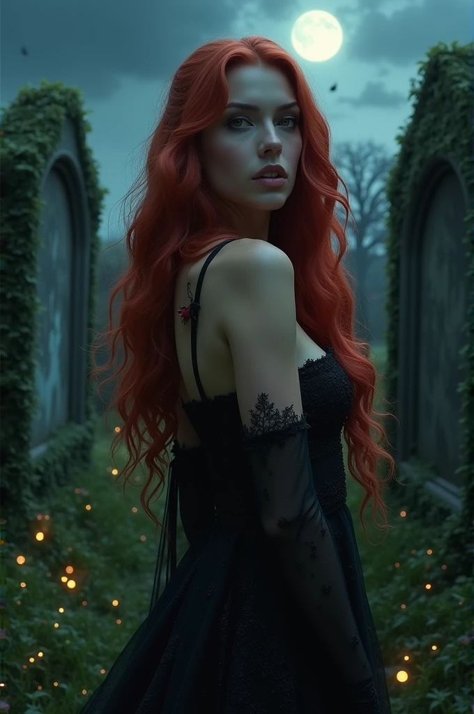 female vampire with long cherry red wavy hair, brown eyes, long eyelashes