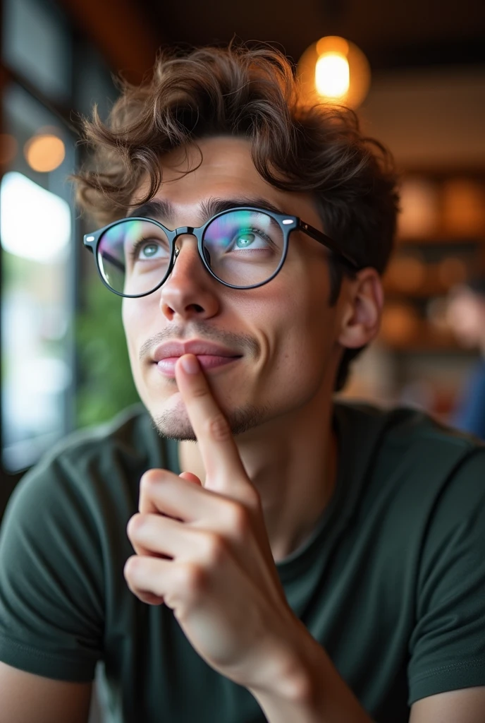One young man, look up, one finger on his chin, wear glasses, and think