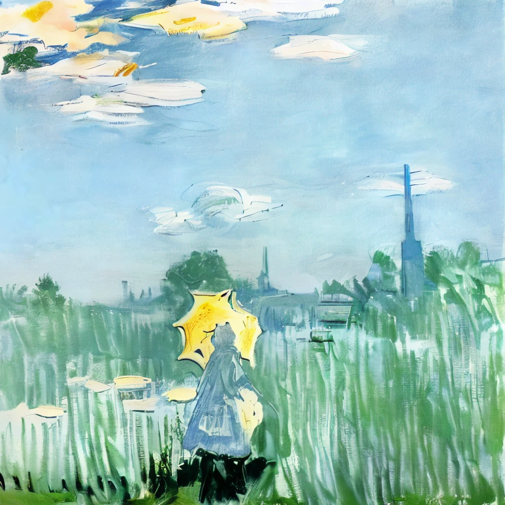 style of Claude Monet、Painting \(Moderate\), Soft Focus、The entire screen is blurred with white outlines、(A woman holding a parasol with blue sky and white clouds in the background:1.5)、Composition looking up from a low position