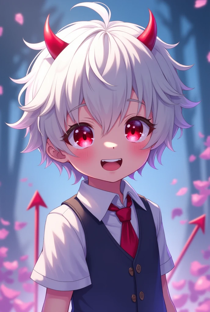 Demon Souls, child, shotacon, pose sexy, horns, Red eyes, by white, anime, portrait, Ahegao, masculine, big smile, white hair.