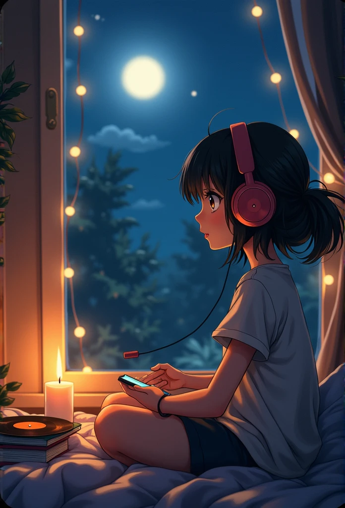 Footage from outside of a girl listening to music in a cozy room at night, looking outside, using headphones, 2D style anime, lo-fi, hard disk, dark environment
