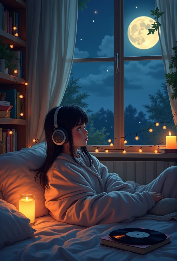 Footage from outside of a girl listening to music in a cozy room at night, looking outside, using headphones, 2D style anime, lo-fi, hard disk, dark environment