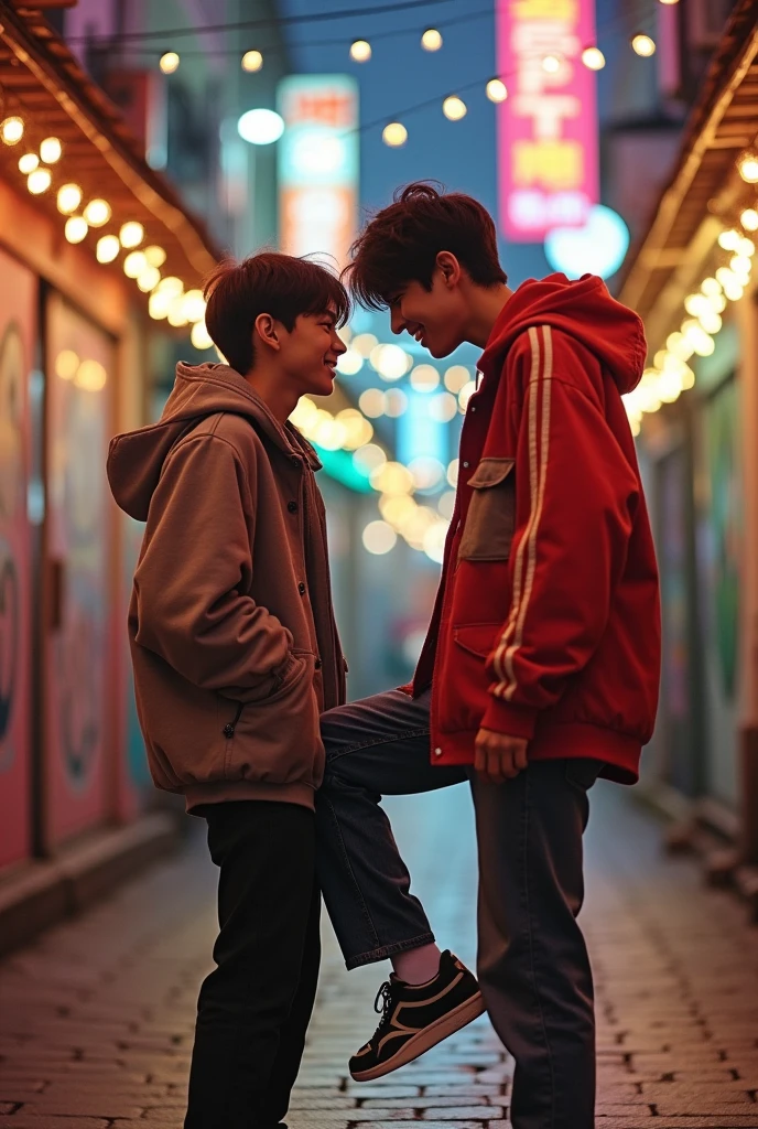 felix from stray kids kissing foot of yeonjun of txt