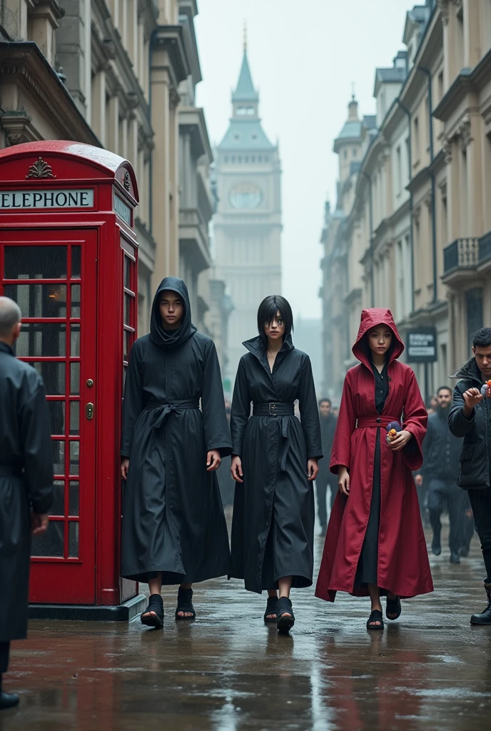 Make an image in which the Akatsuki are in England passing by a telephone booth