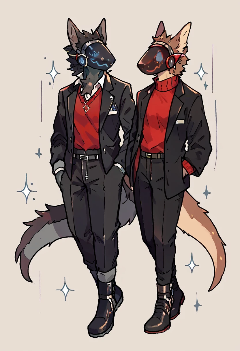 Dark chestnut brown furry protogen with a fire red sweater, elegant black pants, black ankle boots, Elegant black jacket and details on the protogen visor in red