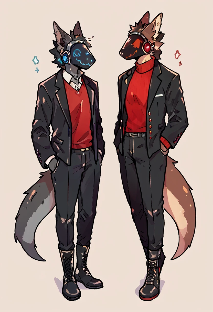 Dark chestnut brown furry protogen with a fire red sweater, elegant black pants, black ankle boots, Elegant black jacket and details on the protogen visor in red