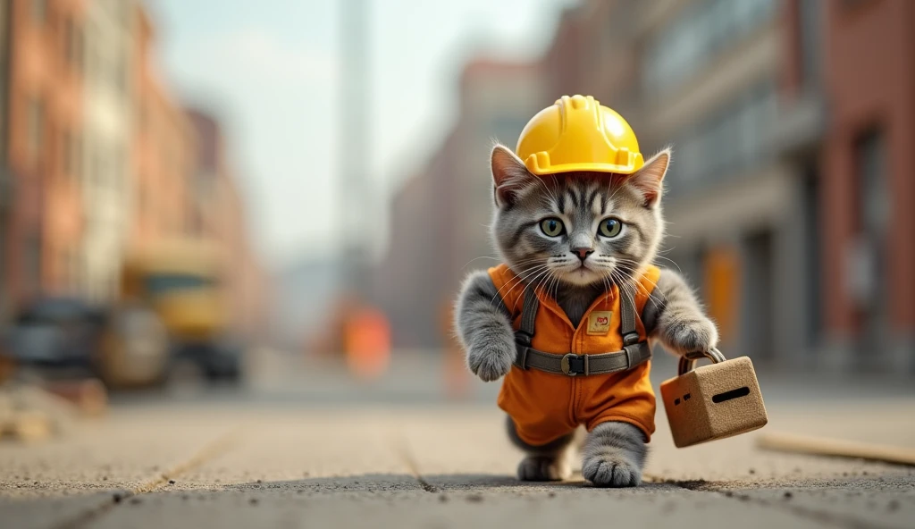 Little gray cat wearing construction clothes and hat,Carrying a toolkit,Dragging tired steps towards the construction site。
