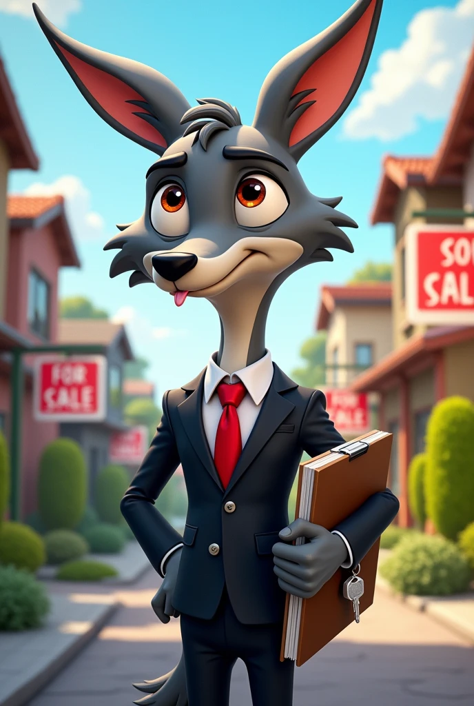 Animated grey coyote in black suit selling houses