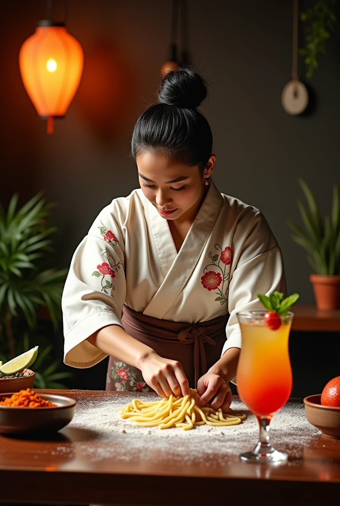 Cover for restaurant on Ifood with oriental features, Italian pasta dough, Indian spices and alcoholic beverage
