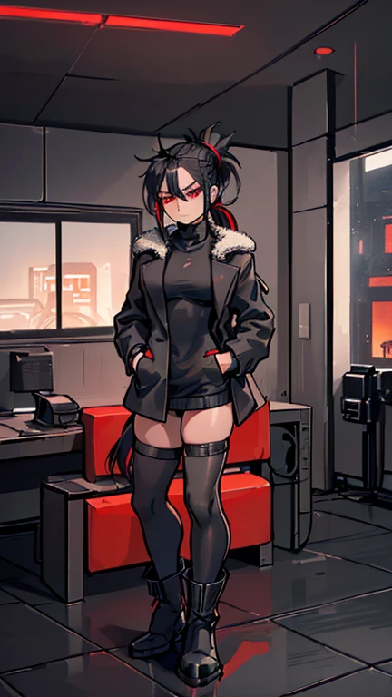 (detailed), (((Chico))), (Arabic characteristics), ((gray wool jacket)), ((black fur rizado Ponytail hairstyle)), ((Ponytail hairstyle)), (calm face), ((by the width)), ((coffee boots)), (((whole body))), ((in a cyberpunk room)), ((male)), (gray turtleneck sweater), ((only one person)), (at night), terror, ((Red Eyes)), In the dark, ((black fur)), ((((red skin color)))), demon tail