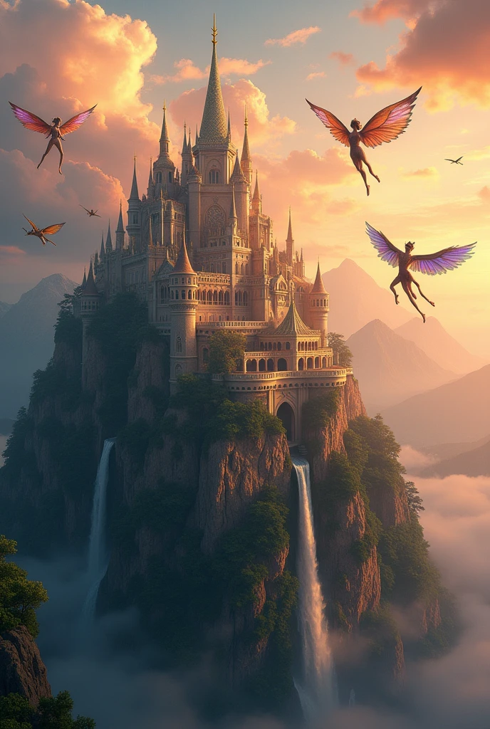a very large palace, very large and spacious, luxurious and beautiful, is located on top of a mountain,flying fairies and flying dragons