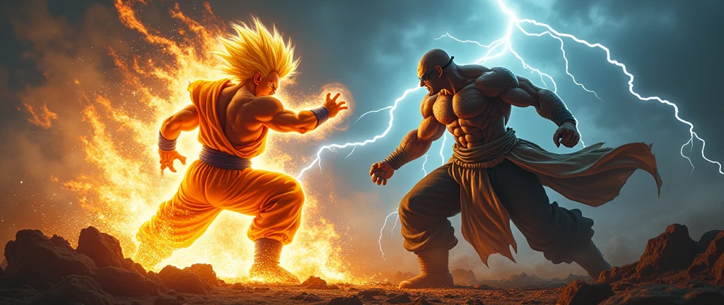 Ken Masters in Super Saiyan mode, with a golden aura and glowing eyes, unleashing a powerful fire attack. Ken is facing Sagat in Dark King mode, with a glowing eye patch, dark skin, and mystical markings on his body, radiating evil energy. They are battling in a desolate battlefield under an intense lightning storm, with constant lightning illuminating the scene, strong winds, and a nearly black sky. The atmosphere is intensely dramatic, filled with chaos and tension. The style is highly detailed realism, with textures and precise details that make the image look almost like a photograph.
