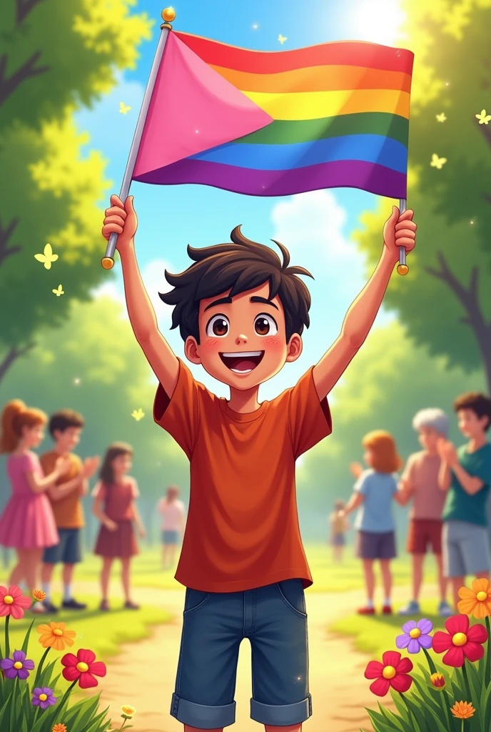 Creates a 13-year-old boy holding a bisexual flag