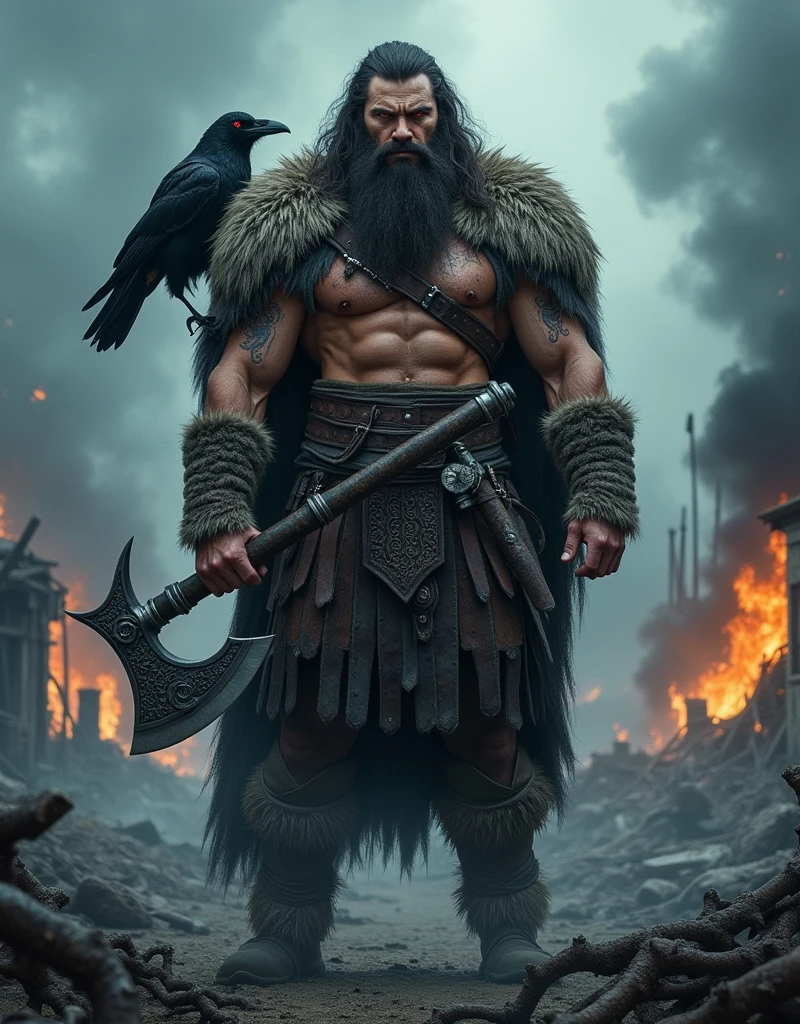 ### Character Description:
**Name:** Thorvik, the Sea Wolf
**Height and Physique:**
- **Height:** 1.90m (6'3")
- **Physique:** Muscular and well-defined, similar to actor **Jason Momoa** (known for his role as Aquaman), with broad shoulders and an imposing posture.
**Hair and Beard:**
- **Hair:** Long, dark brown, loose, and slightly wild.
- **Beard:** Thick and well-groomed, following a Viking style.
**Clothing and Equipment:**
- **Clothing:** Traditional Viking attire, with furs and rustic leather armor.
- **Weapons:**
- **Axe:** Held in the right hand, large and heavy, with a gleaming blade and Nordic engravings.
- **Sword:** On his back, a long and ornate sword, with a leather-wrapped hilt and runes engraved on the blade.
**Eyes:**
- **Eye Color:** Intense red, similar to Kaneki’s from *Tokyo Ghoul*, but with a more vivid and vibrant tone. The iris should be clearly visible, with a striking red color.
**Accessories and Companion:**
- **Spectral Raven:** Perched on his left shoulder, a spectral raven with a ghostly appearance.
- **Scars:** Visible scars on his face and body, indicating past battles.
**Background:**
- **Setting:** A devastated village, with remnants of burning buildings, thick fog surrounding, and a dark, stormy sky.
### Suggestion for the Illustration:
When creating the illustration, you can use **Jason Momoa** as a reference for Thorvik's physique and posture. For the eyes, imagine something similar to Kaneki from *Tokyo Ghoul*, with a red that stands out vividly. The sword and axe should be realistic and detailed, complementing Thorvik's imposing appearance. The spectral raven on his shoulder adds a supernatural touch, reinforcing the dark atmosphere.
**Style:** Dark Fantasy
---