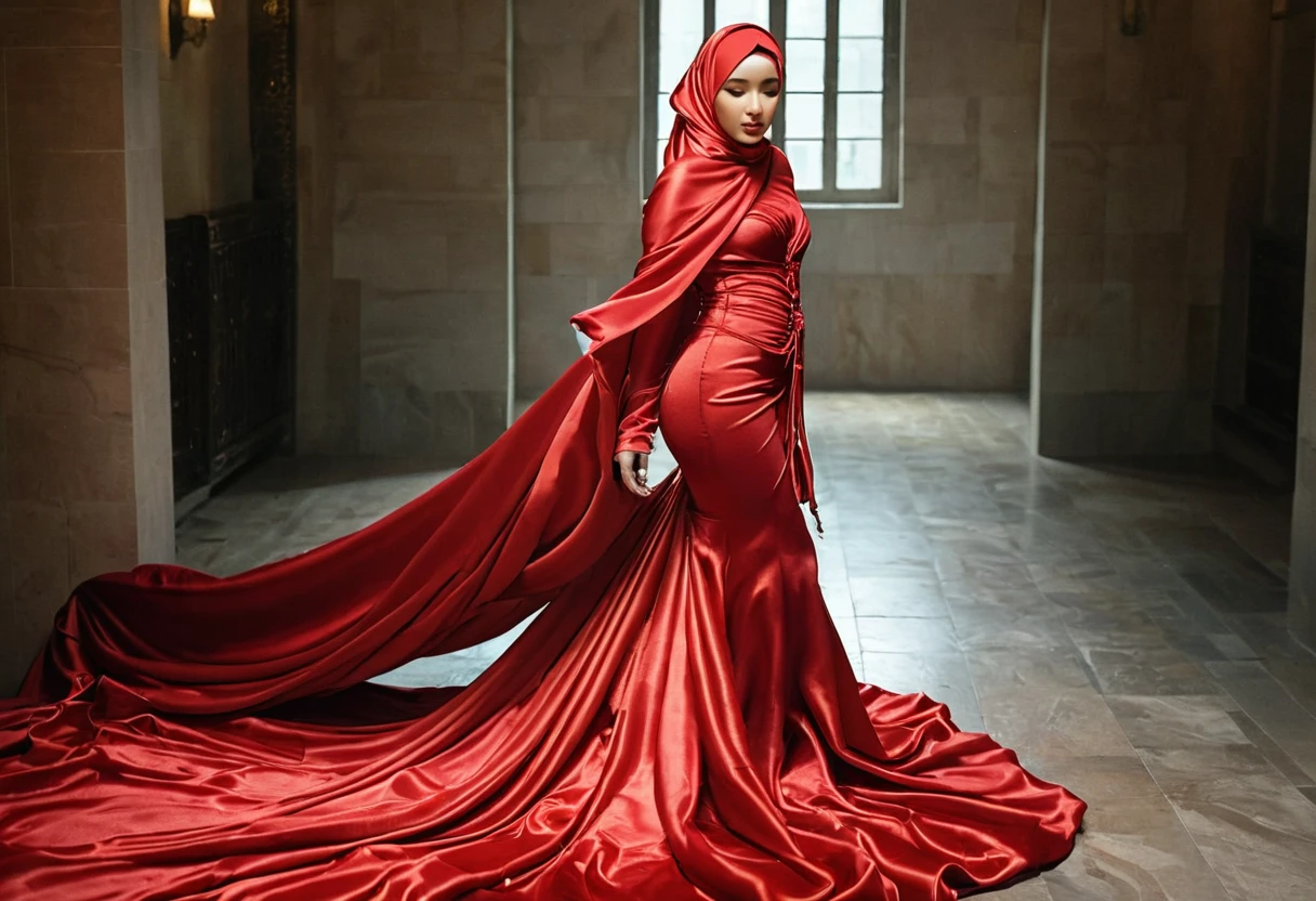 A woman shrouded in a 4-meter-long, plush red satin cloth, tightly bound and grandly draping along the form of her body, flowing off into a pooled floor-length train, styled in a mermaid-inspired outfit, her head modestly veiled in a satin hijab, a full-body pose conveying a sense of mysterious elegance, captured in a 4k resolution, ultra-realistic