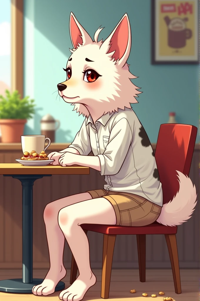 ,stkyswt, zPDXL, score_9, score_8_up, score_7_up, source_anime, BREAK sketch, flat color, 1girl, Alone,vivziepop, hellhound,helluva boss, full body, lineart, red sclera, Brown eyes, on table, had breakfast, drank coffee, White shirt, light brown shorts, nervous face, looking at the viewer, sideways, nervous smile, fur, fur blanco con manchas marrones y negras, A color, sitting in a chair drinking coffee,