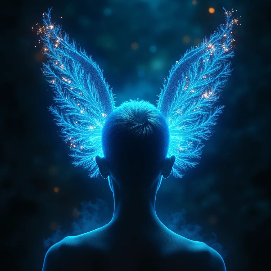 Dibujo de orejas humanas normales con oídos espirituales en tonos azules neon realist sobrenatural con chispas fuego, realist