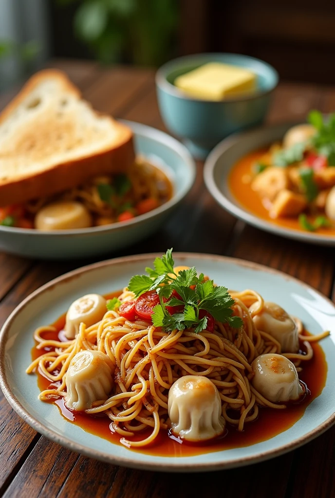 (photorealism:1.2), table background,soy sauce wan tan mee, curry mee, toast bread with butter