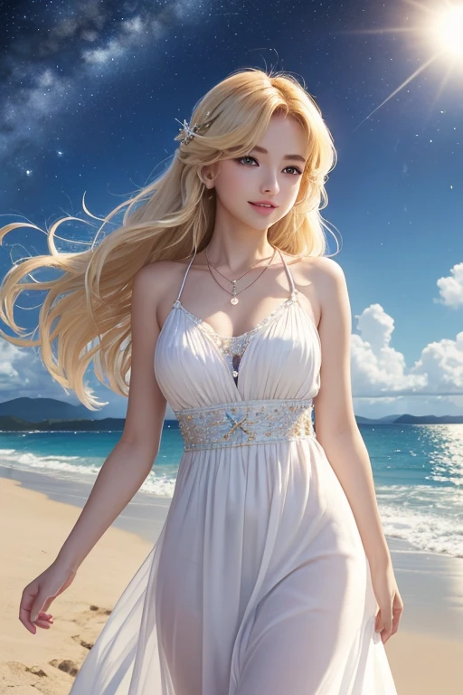 (masterpiece、Highest quality、8k、High resolution)、(The best beautiful girl)、Best Style、(The most beautiful face)、Clear skin、Clean blue eyes、Beautiful lips、smile、Beautiful white upper teeth、Beautiful nose、Blonde Hair、Ample breasts、Walking on the sand、look back、Ocean、You can see the forest、A bright night with stars visible、Beautiful starry sky、milky way、(体whole bodyから神秘的な光の粒子、Colorful Light)、(jewelry、necklace)、dress、(whole body)、Highly detailed anime art、A complete portrayal、