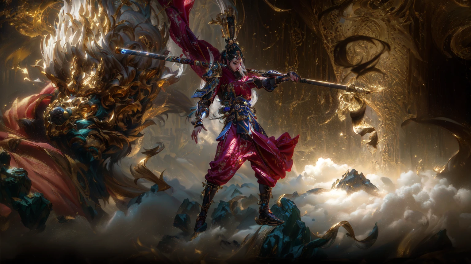 There is a monkey holding a golden hoop stick, 4k highly detailed digital art, Artstation Contest Winners, ZBrush Center Competition Winners, artstation 4k, 3D Rendering Character Art 8k, arte de fantasia 8k, Inspired by Hu Zaobin, ArtStation masterpieces, Demon Samurai Warrior, zrush contest winners, 4k fantasy art
