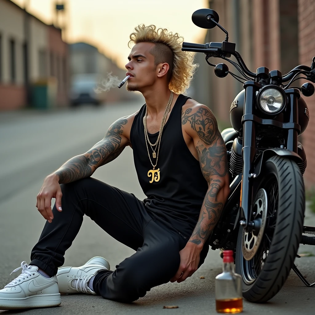 create a young man with medium, curly and bleached hair wearing a backwards cap, black tank top, white Nike sneakers smoking a cigarette. the man must be Caucasian with green eyes, and have tattoos spread across his body. wearing gold jewelry with the "TJ" pendant. by his side a harley davidson motorcycle and a bottle of whiskey