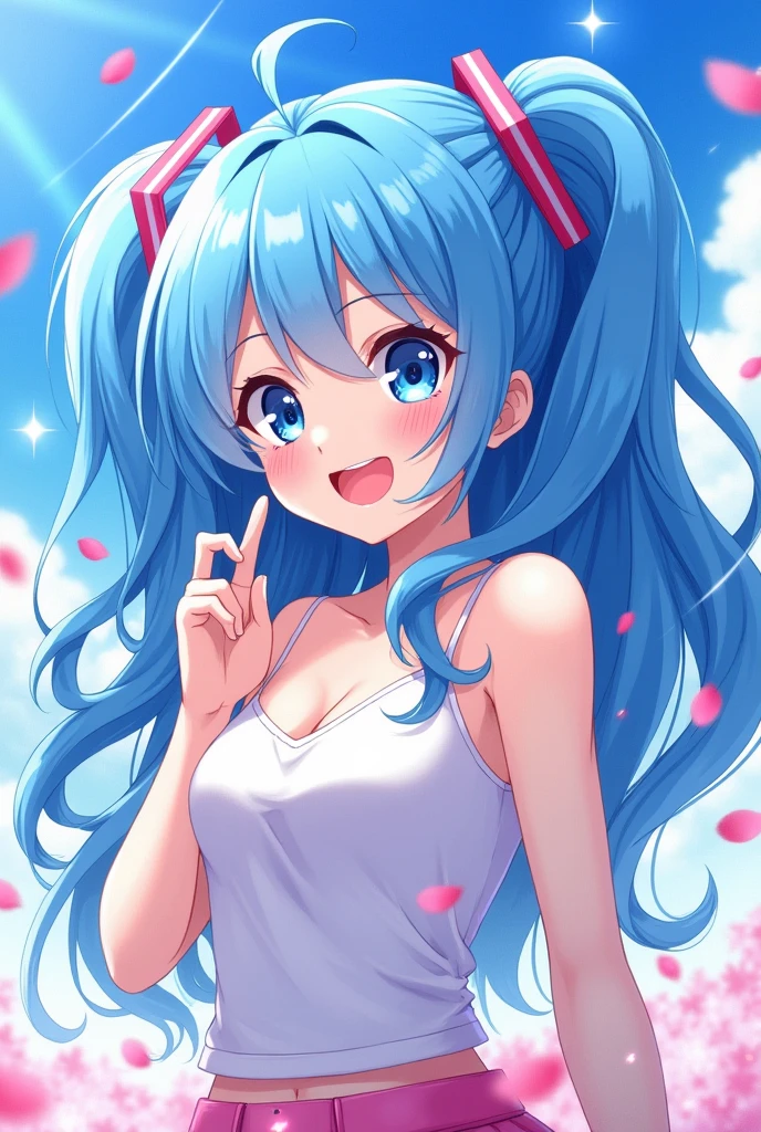 The image features a vibrant and lively anime character with striking blue hair and pink lips.., She is naked and has a playful and attractive pose.