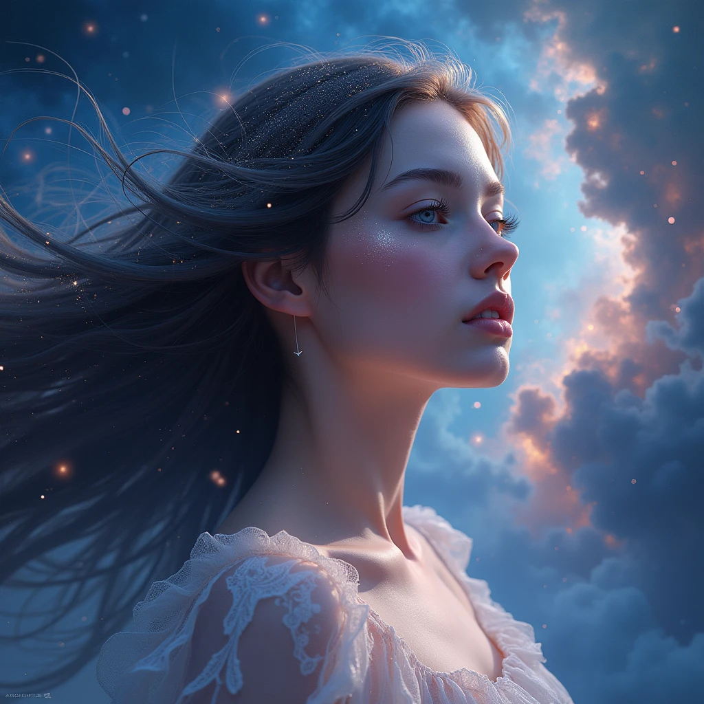 a fantasy girl swimming in the starry sky, beautiful detailed eyes, beautiful detailed lips, extremely detailed face and hair, long eyelashes, porcelain skin, elegant posture, glowing ethereal aura, cosmic background, nebulae and galaxies, vibrant colors, cinematic lighting, digital art, highly detailed, 8k, photorealistic, masterpiece